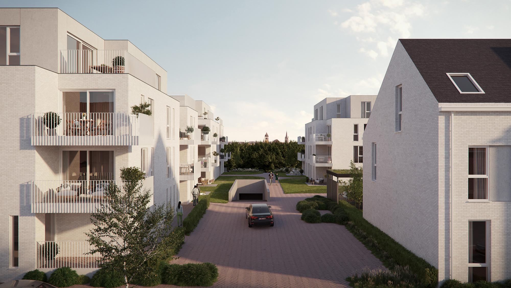Straatpad met auto tussen appartementen project Minerals